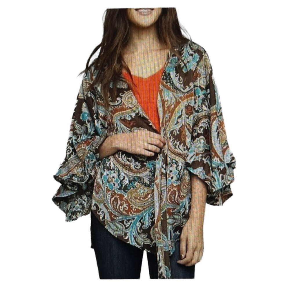 Umgee Size M Tie Kimono Boho Wide Ruffle Sleeve Oversized Brown Blue Paisley NEW